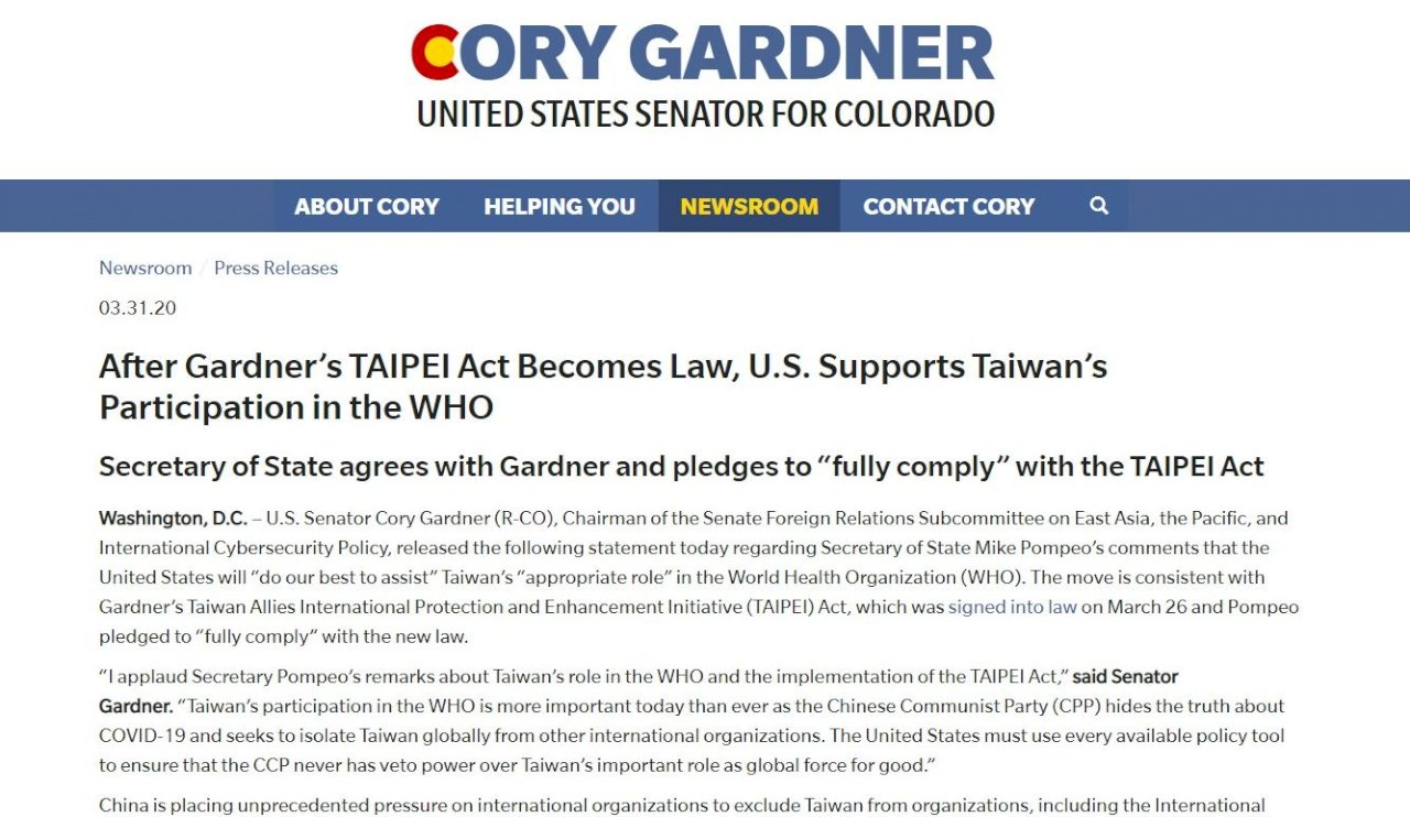 US Senator: US should counter Chinese efforts to block Taiwan