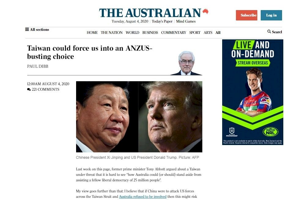 Ex-Australia defense chief calls on Australia to protect Taiwan against China
