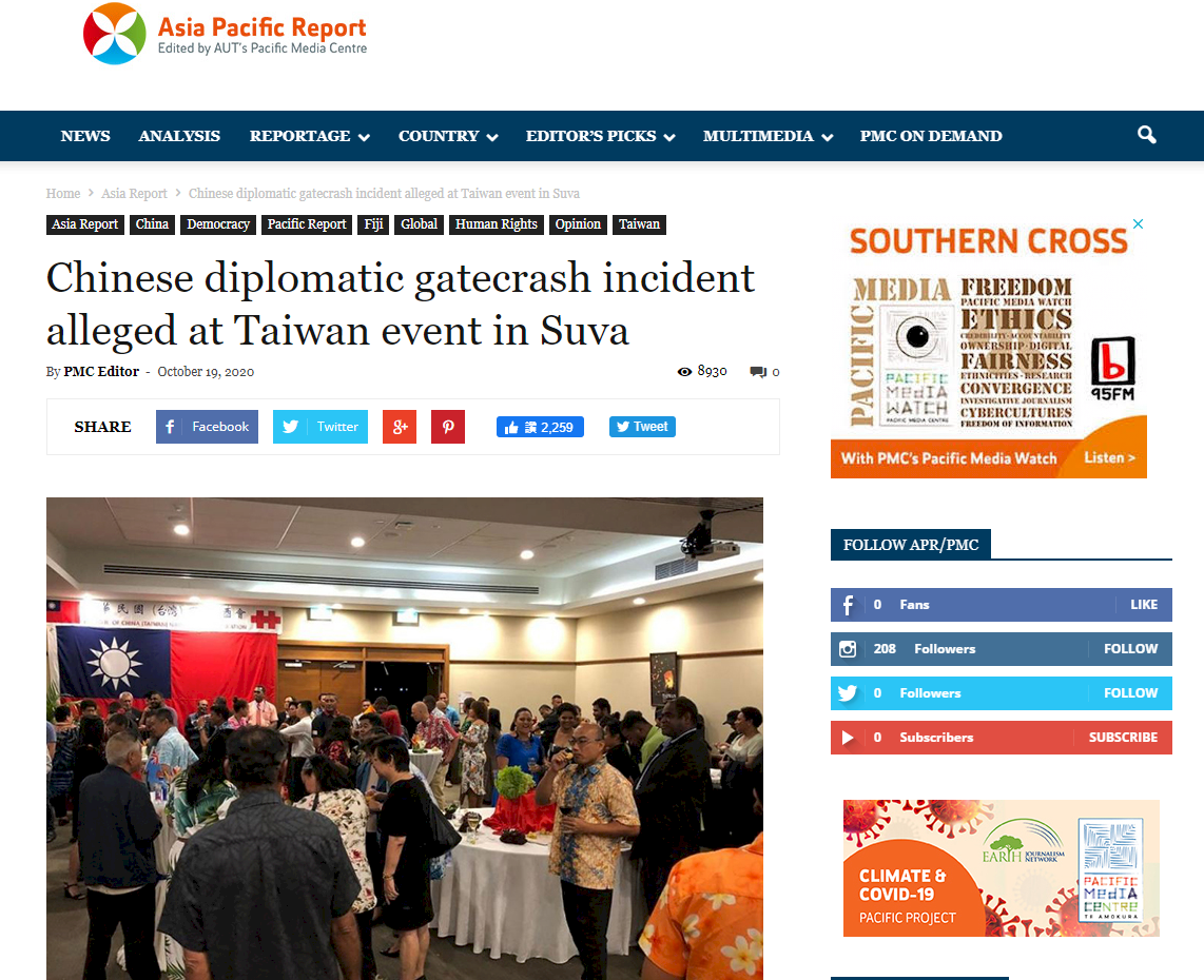Chinese diplomats assault Taiwanese official in Fiji