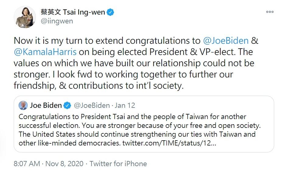 Tsai congratulates US President-elect Joe Biden