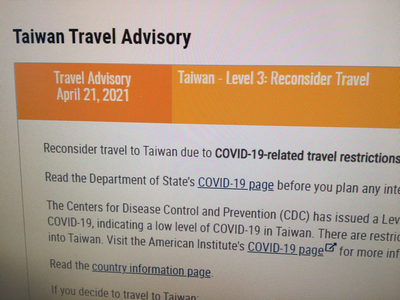 US raises Taiwan travel advisory to Level 3