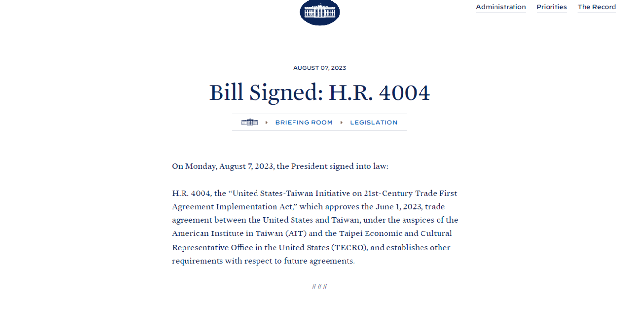 US President Biden signs bill to enforce Taiwan-US trade agreement